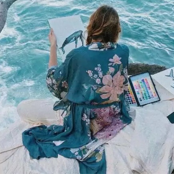 Boho Peacock Bird Of Paradise Kimono, Dusty Blue - Picture 3 of 10